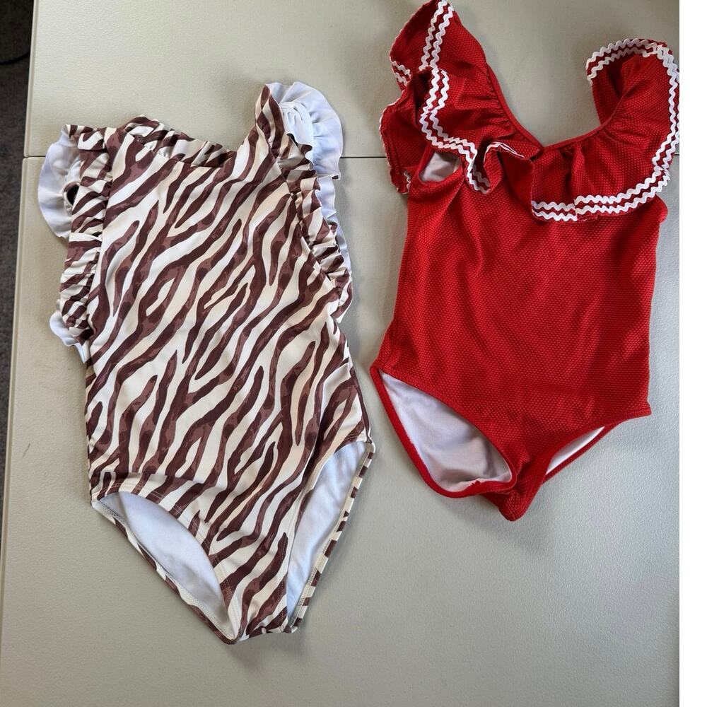 Janie and Jack one piece swimsuit bundle red & animal print size 6